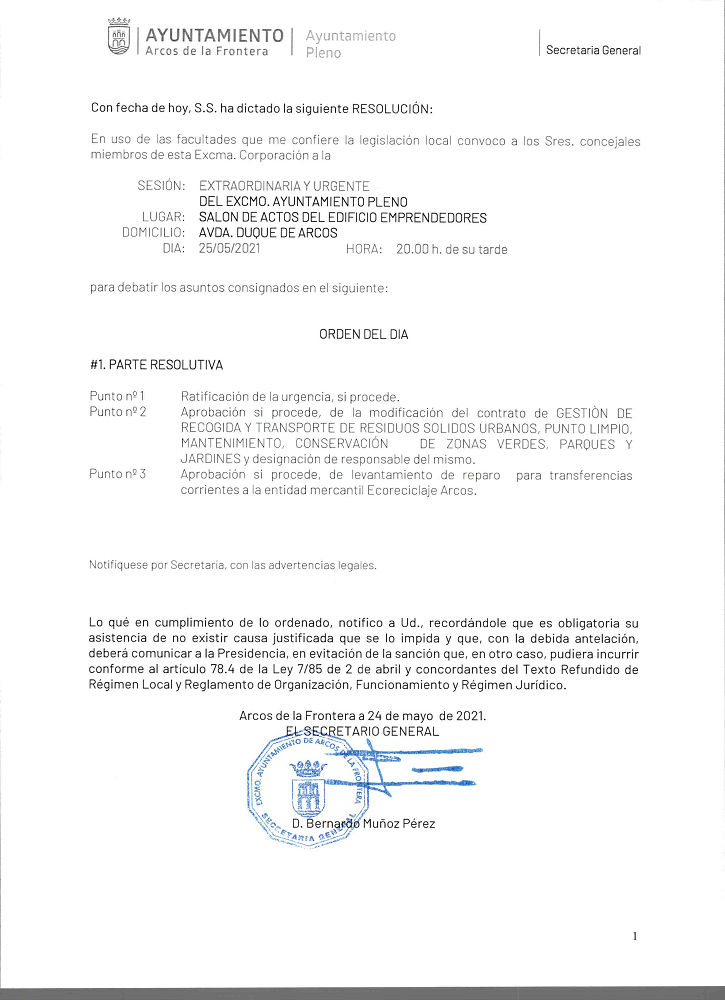 Convocatoria de Pleno Extraordinario y Urgente: 25 de mayo de 2021