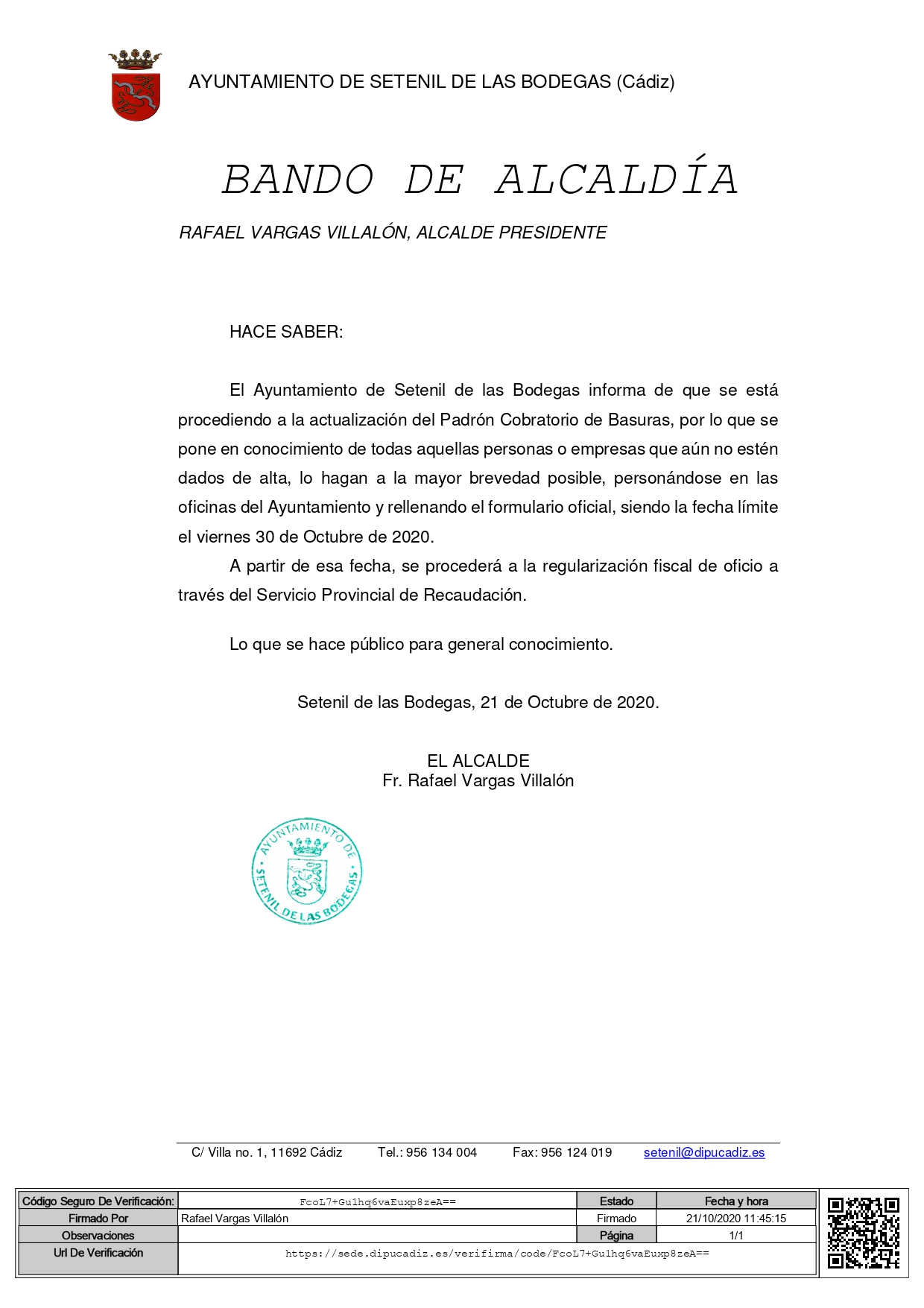 BANDO DE ALCALDÍA ACTUALIZACIÓN PADRÓN DE BASURA
