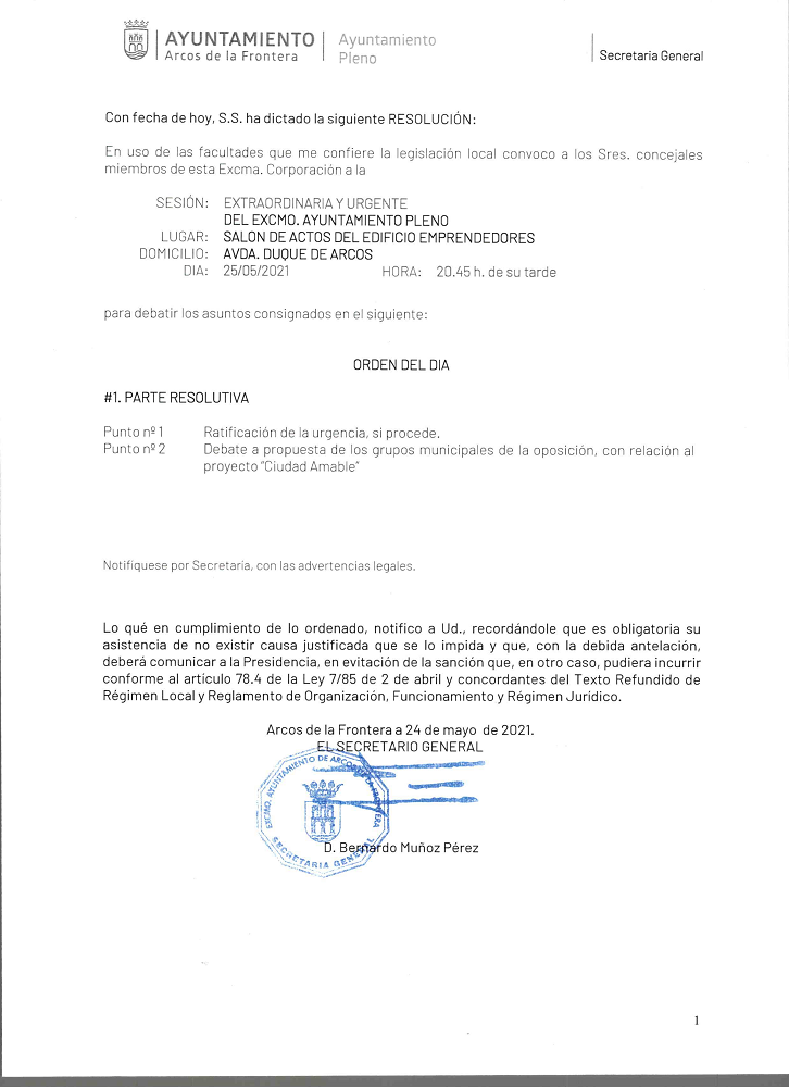 Convocatoria de Pleno Extraordinario y Urgente: 25 de mayo de 2021 20:45 h.