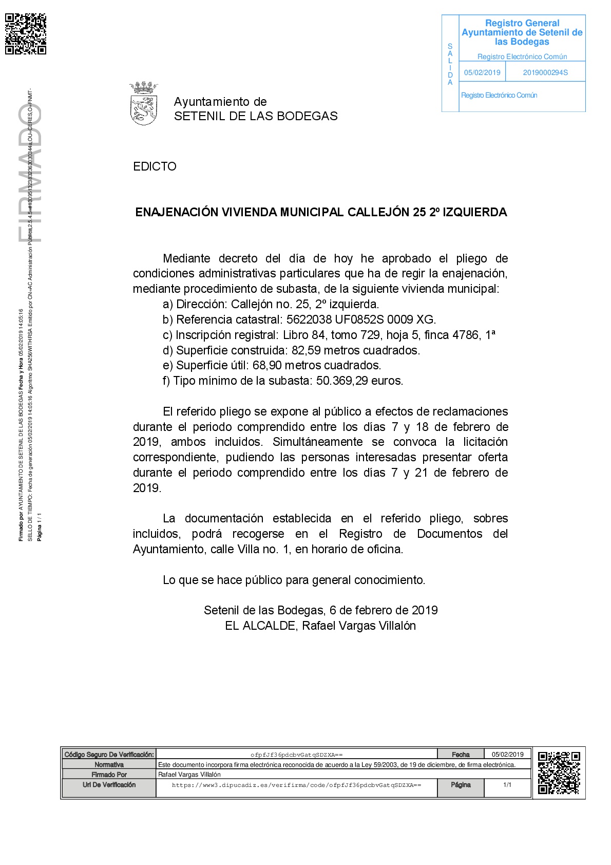 ENAJENACIÓN VIVIENDA MUNICIPAL CALLEJON 25 2º IZQ