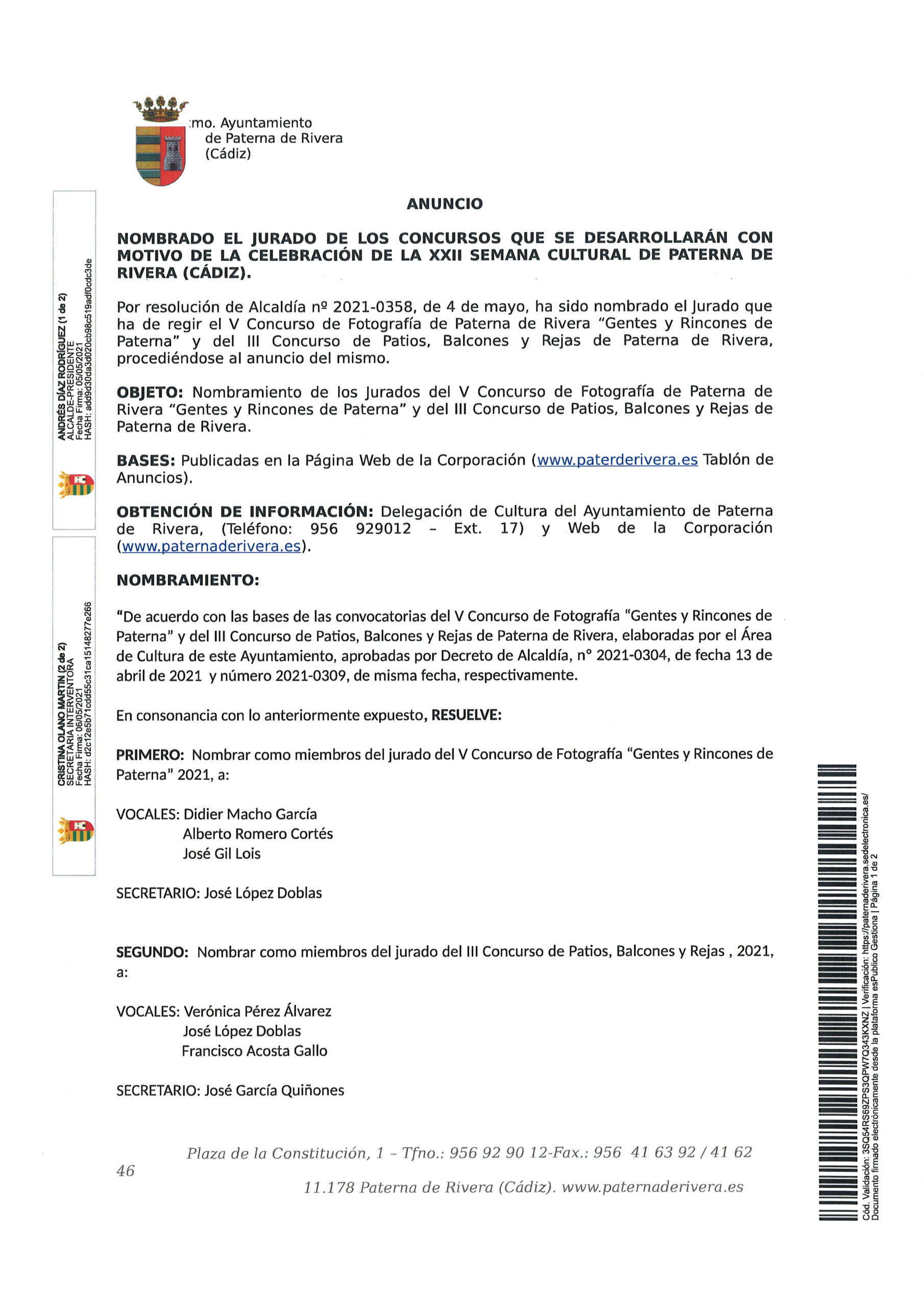 NOMBRAMIENTO DEL JURADO DE LOS CONCURSOS DE LA XXII SEMANA CULTURAL DE PATERNA DE RIVERA