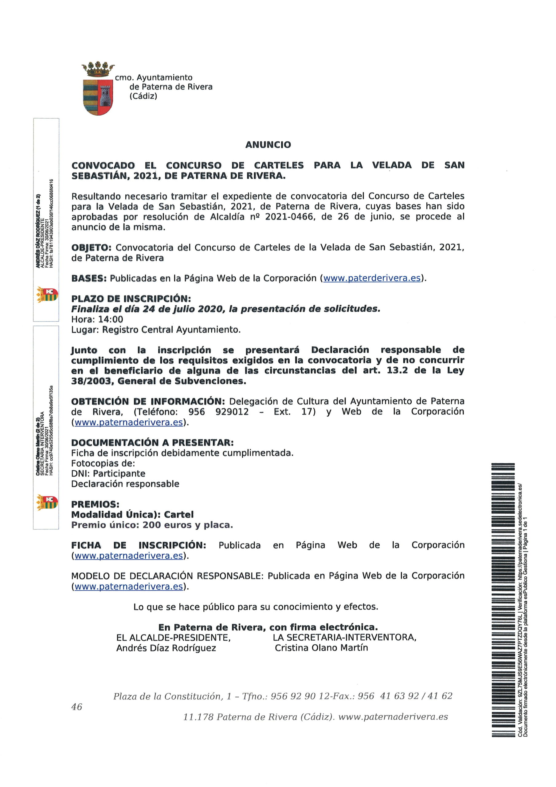 CONVOCADO EL CONCURSO DE CARTELES PARA LA VELADA DE SAN SEBASTIÁN, SEPTIEMBRE 2021
