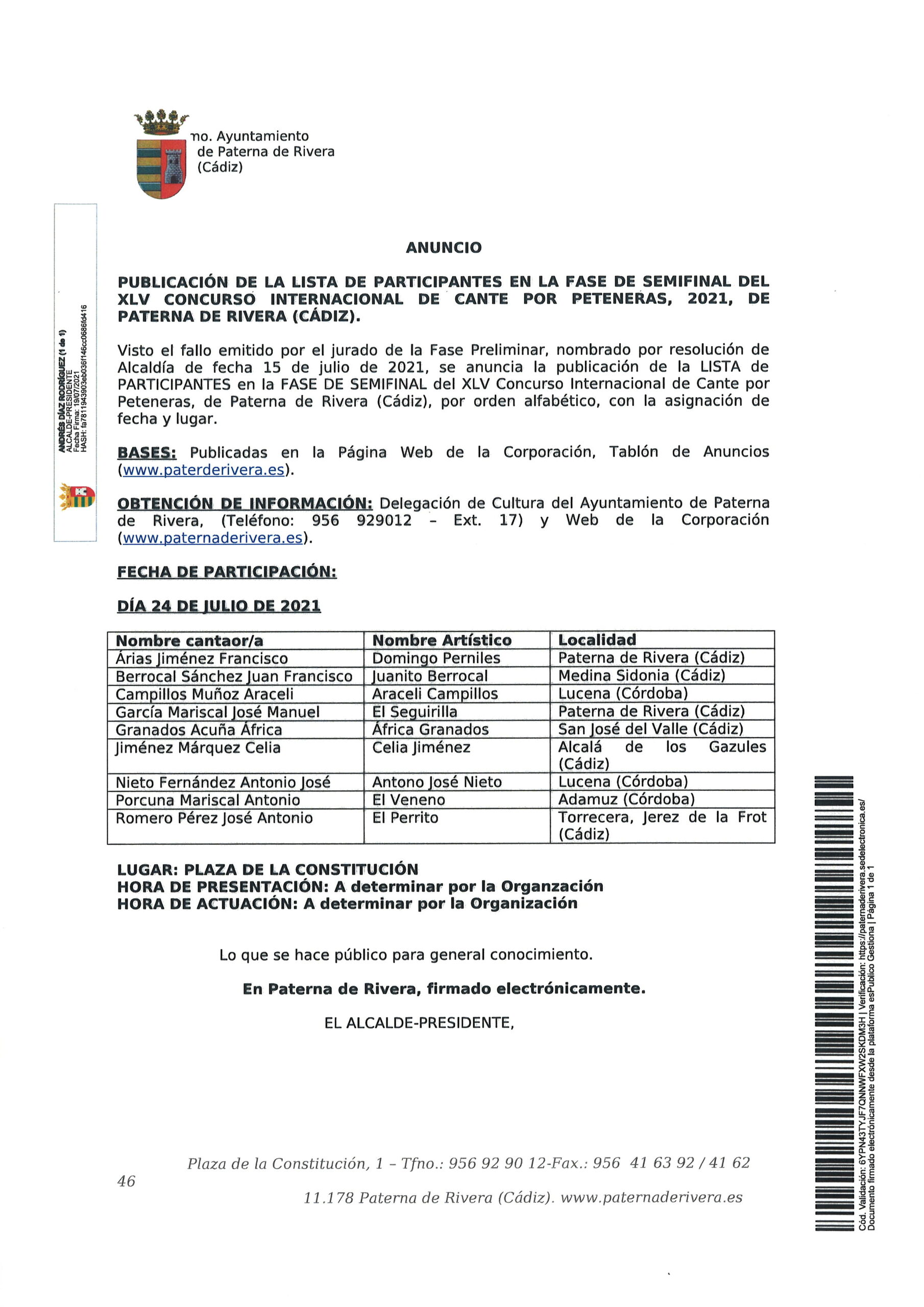 EMITIDO EL FALLO DEL JURADO PARA SEMIFINALES DEL XLV CONCURSO INTERNACIONAL DE CANTE POR PETENERAS 2021