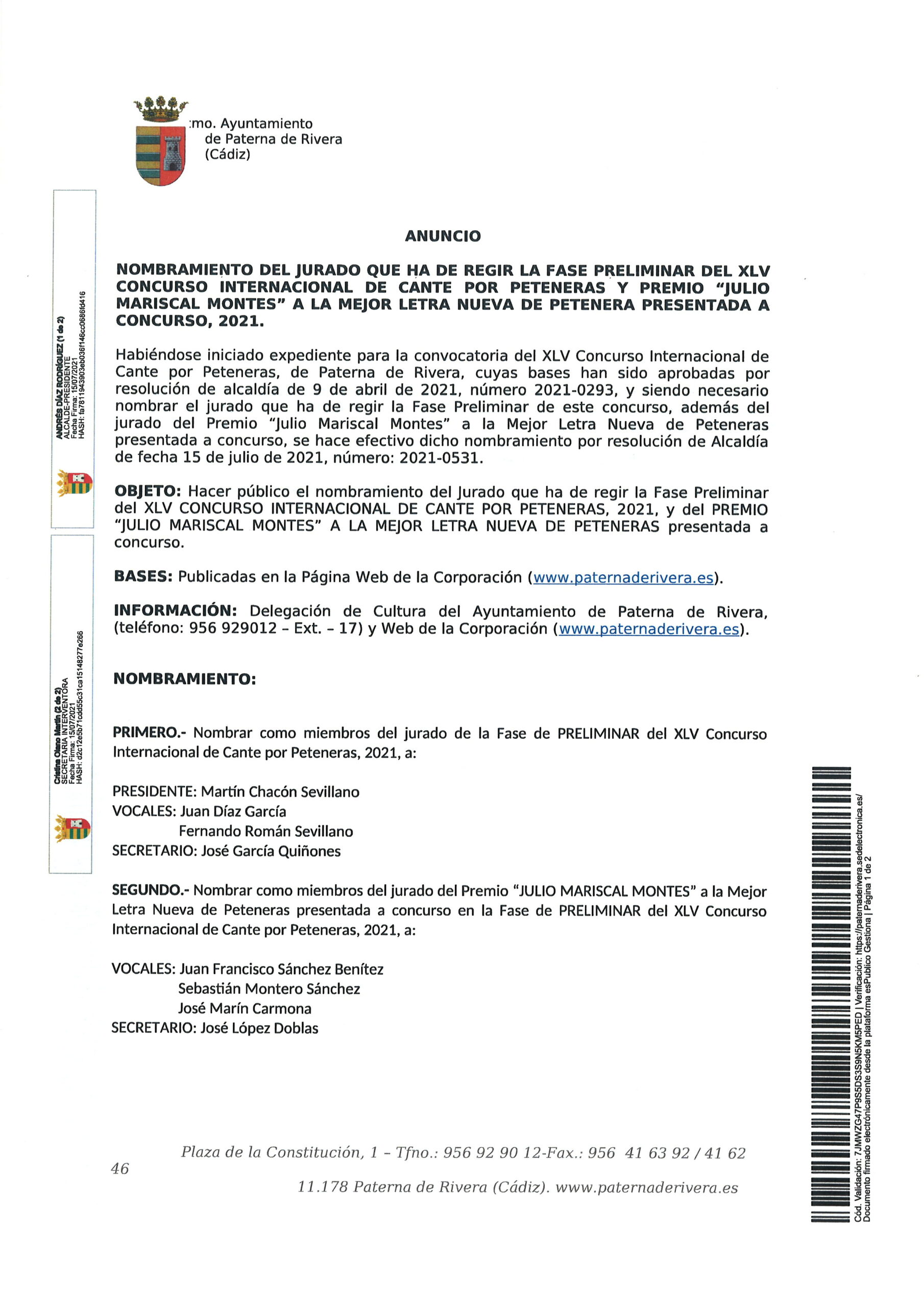 NOMBRADO EL JURADO DE LA FASE PRELIMINAR Y DEL PREMIO JULIO MARISCAL MONTES A LA MEJOR LETRA NUEVA PRESENTADA A CONCURSO DEL XLV CONCURSO INTERNACIONAL DE CANTE POR PETENERAS 2021
