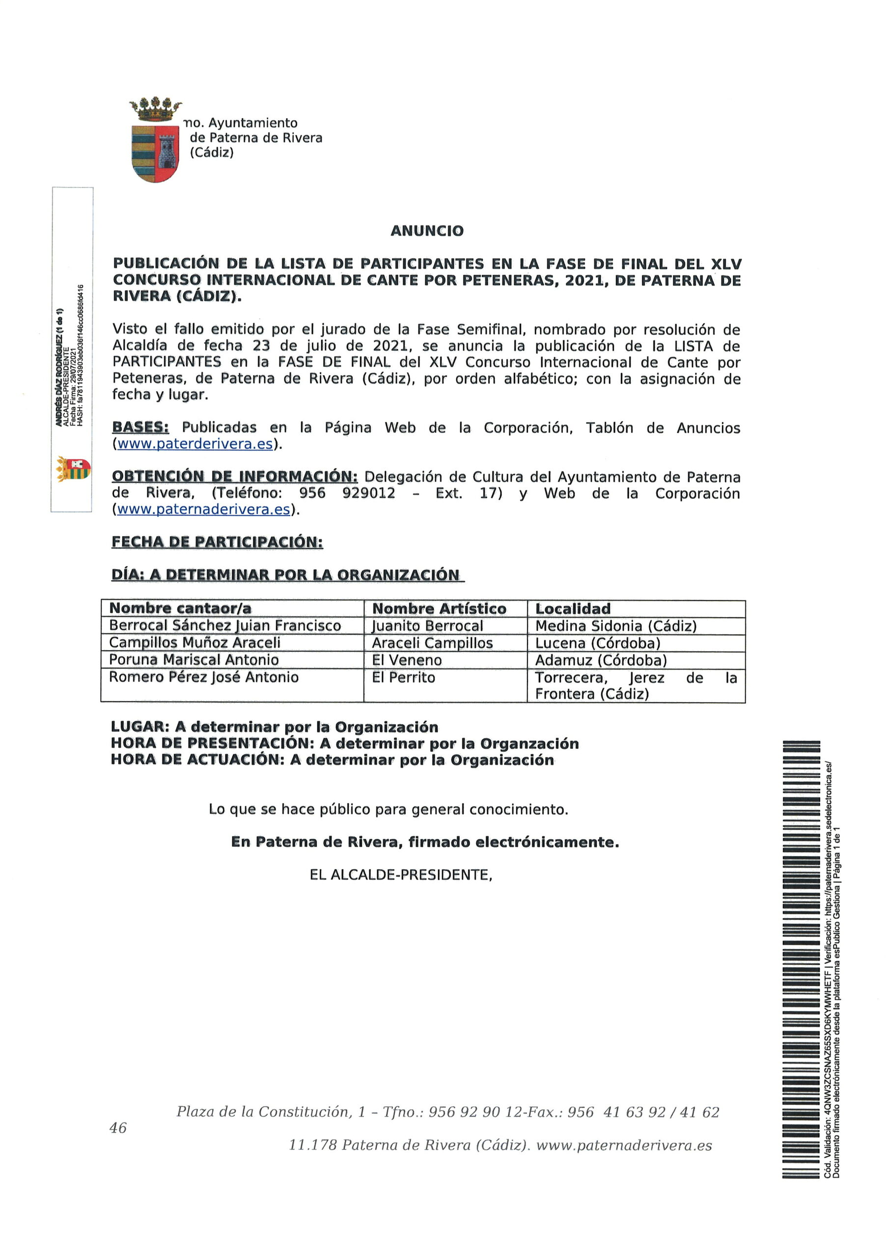 PUBLICADA LA LISTA DE CANTAORES QUE PARTICIPARÁN EN LA FINAL DEL XLV CONCURSO INTERNACIONAL DE CANTE POR PETENERAS, 2021
