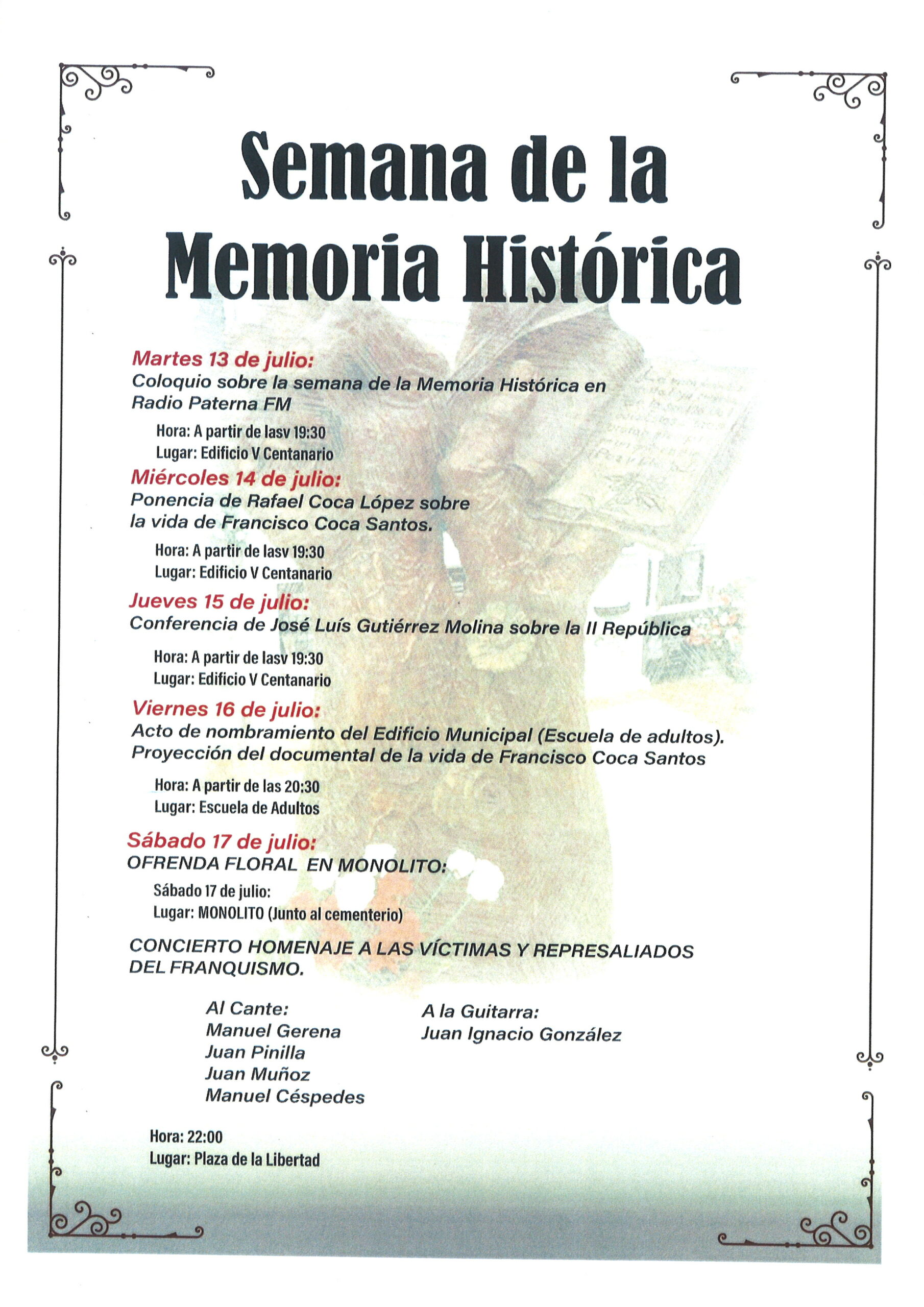 SEMANA DE LA MEMORIA HISTÓRICA EN PATERNA DE RIVERA. HOMENAJE A LAS VÍCTIMAS DEL FRANQUISMO