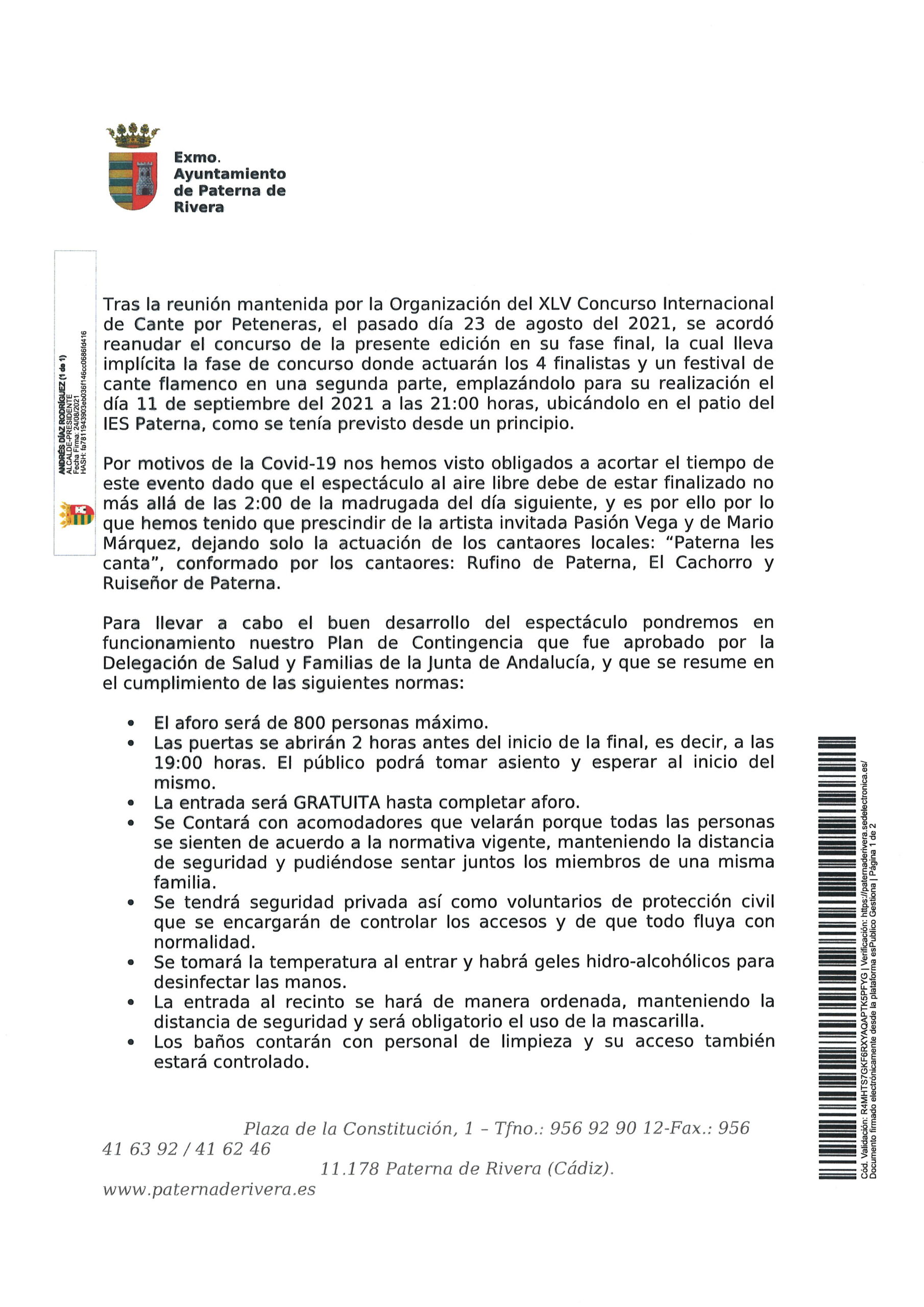 SE REINICIA EL XLV CONCURSO INTERNACIONAL DE CANTE POR PETENERAS. LA FINAL SE CELEBRARÁ EL DÍA 11 DE SEPTIEMBRE. COMUNICADO OFICIAL