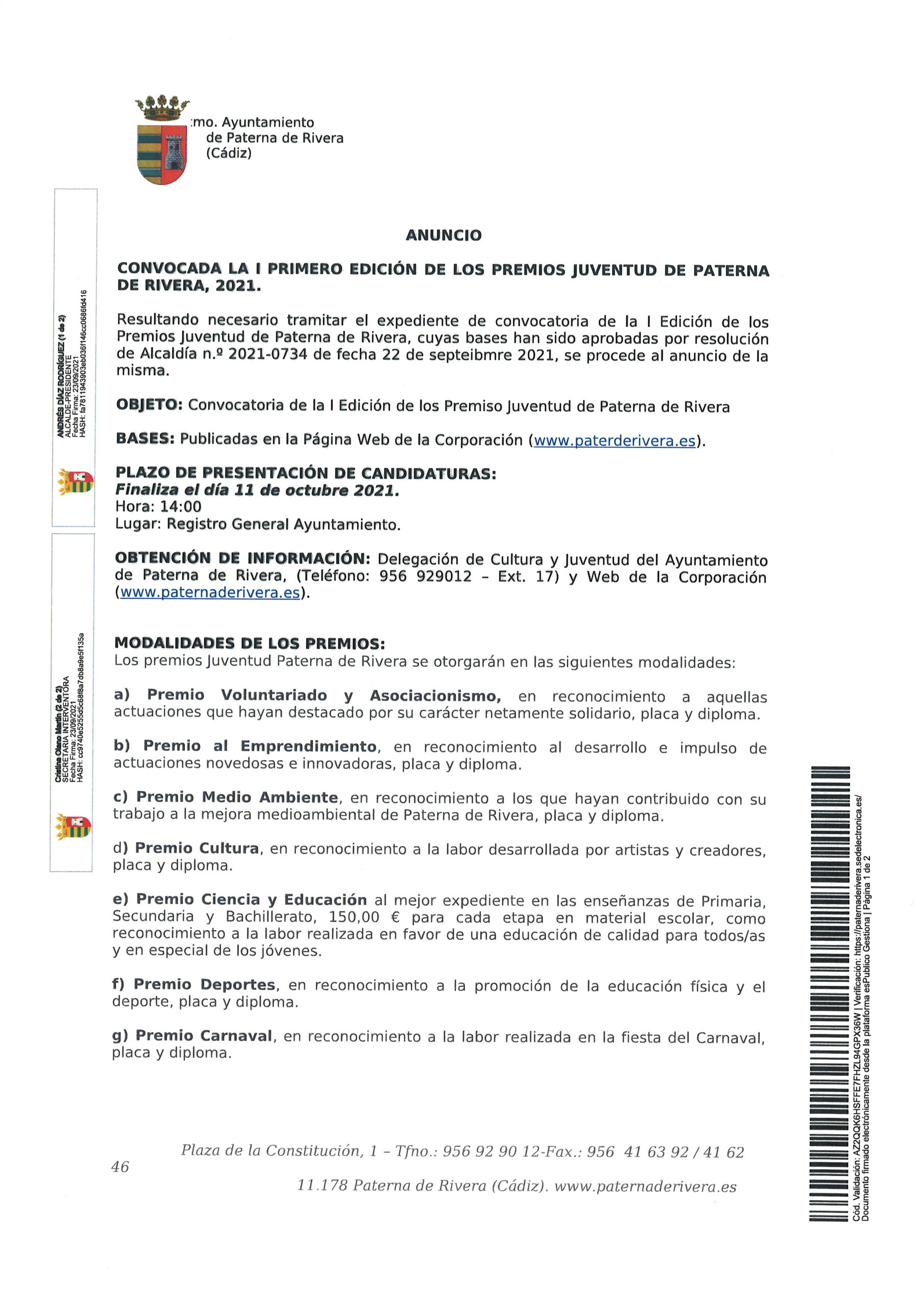 CONVOCADA LA PRIMERA EDICIÓN DE LOS PREMIOS JUVENTUD DE PATERNA DE RIVERA, 2021.