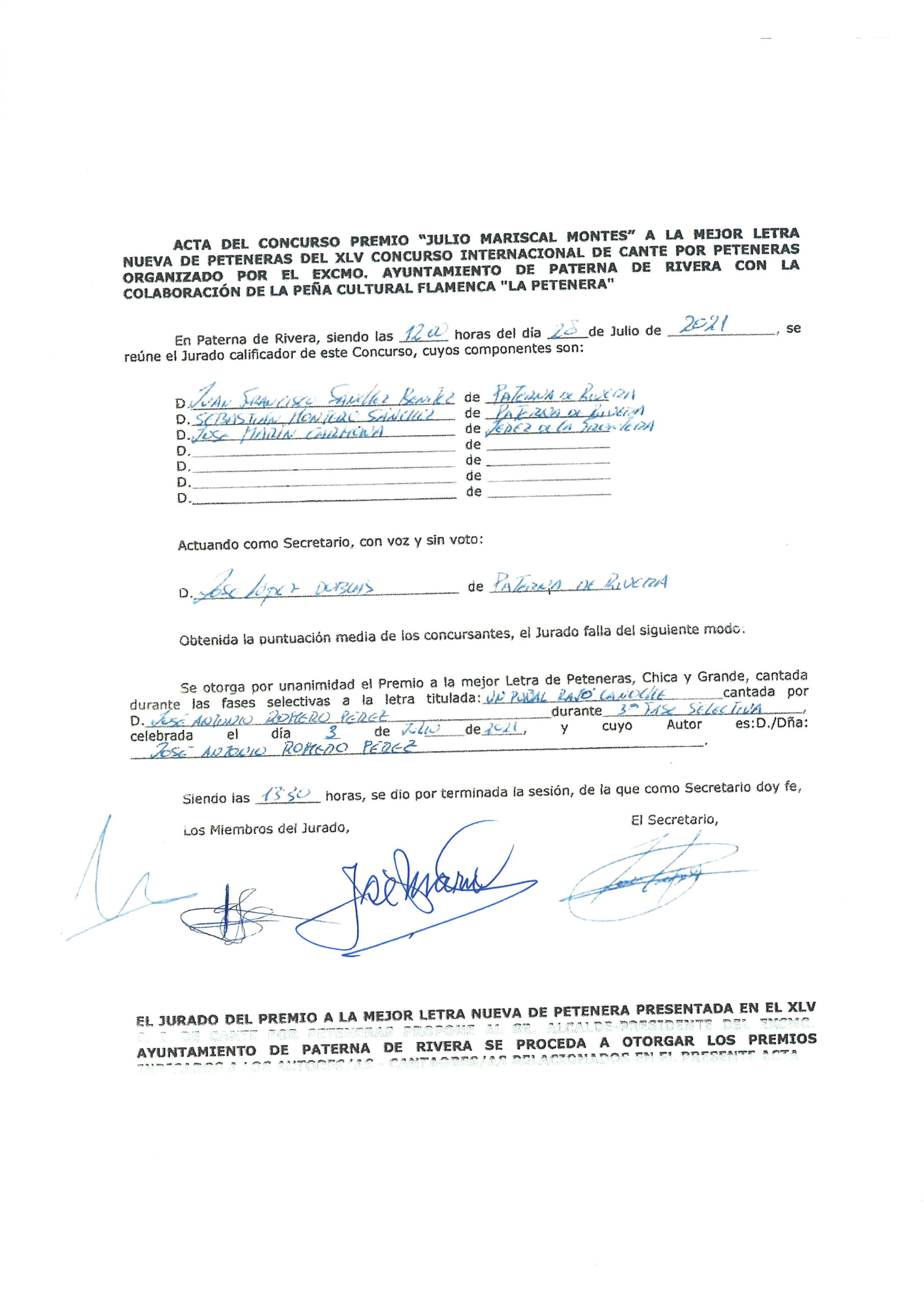 EFECTUADO EL FALLO DEL PREMIO JULIO MARISCAL MONTES A LA MEJOR LETRA NUEVA DE PETENERAS PRESENTADA A CONCURSO, PETENERA 2021