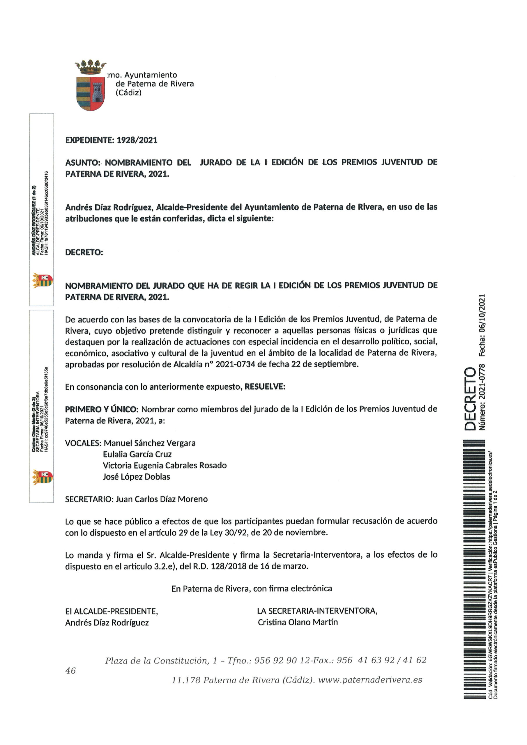 NOMBRADO EL JURADO QUE HA DE VALORAR LOS PREMIOS JUVENTUD DE PATERNA DE RIVERA I EDICIÓN, 2021