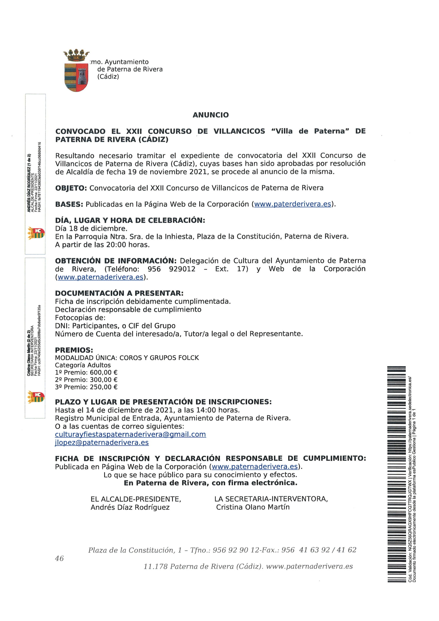 CONVOCADO EL XXII CONCURSO DE VILLANCICOS VILLA DE PATERNA 2021