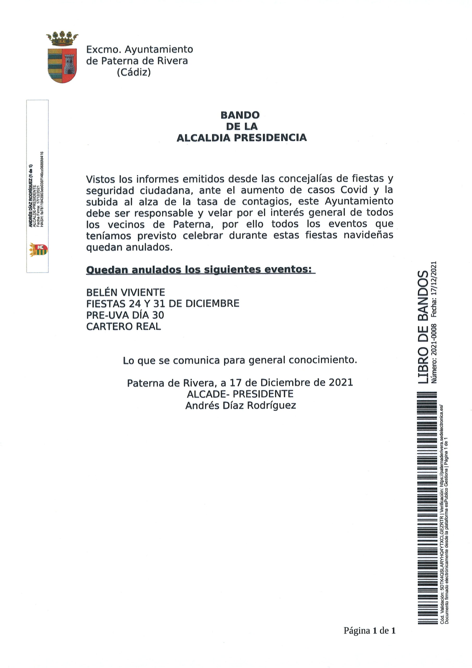 PUBLICACIÓN DE BANDO DE ALCALDÍA DONDE SE COMUNICA LA ANULACIÓN DE LAS ACTIVIDADES DE NAVIDAD 2021 POR MOTIVOS DE LA COVID-19