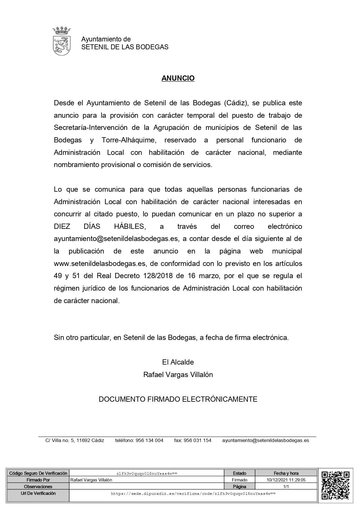 VACANTE TEMPORAL SECRETARÍA-INTERVENCIÓN