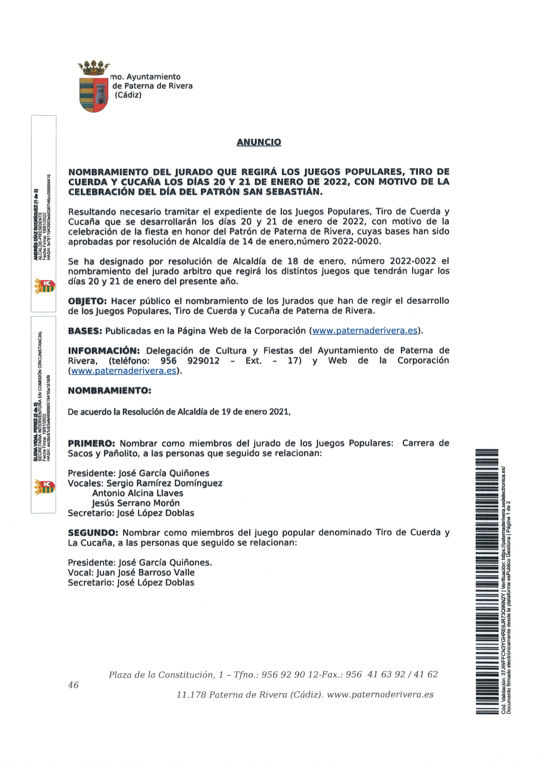 NOMBRADO EL JURADO QUE HA DE REGIR LOS JUEGOS PULARES, CUCAÑA Y TIRO DE CUERDA CON MOTIVO DE LA CELEBRACIÓN DEL DÍA DEL PATRÓN SAN SEBASTIÁN