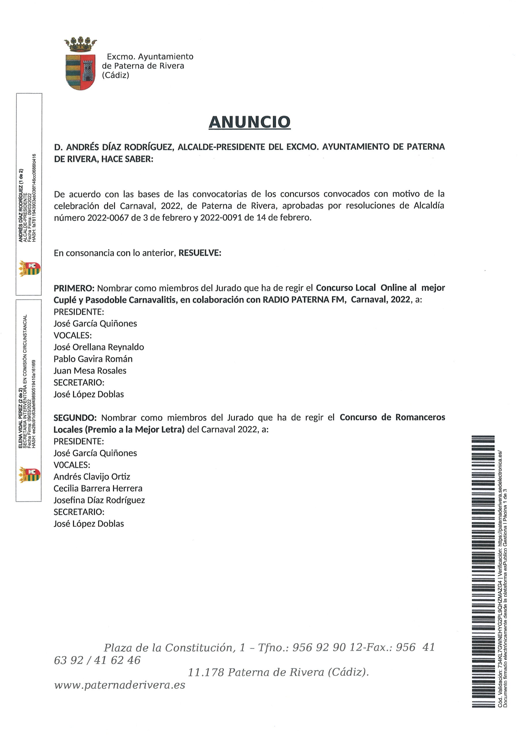 NOMBRADO EL JURADO QUE REGIRÁ LOS CONCURSOS DEL CARNAVAL 2022 DE PATERNA DE RIVERA