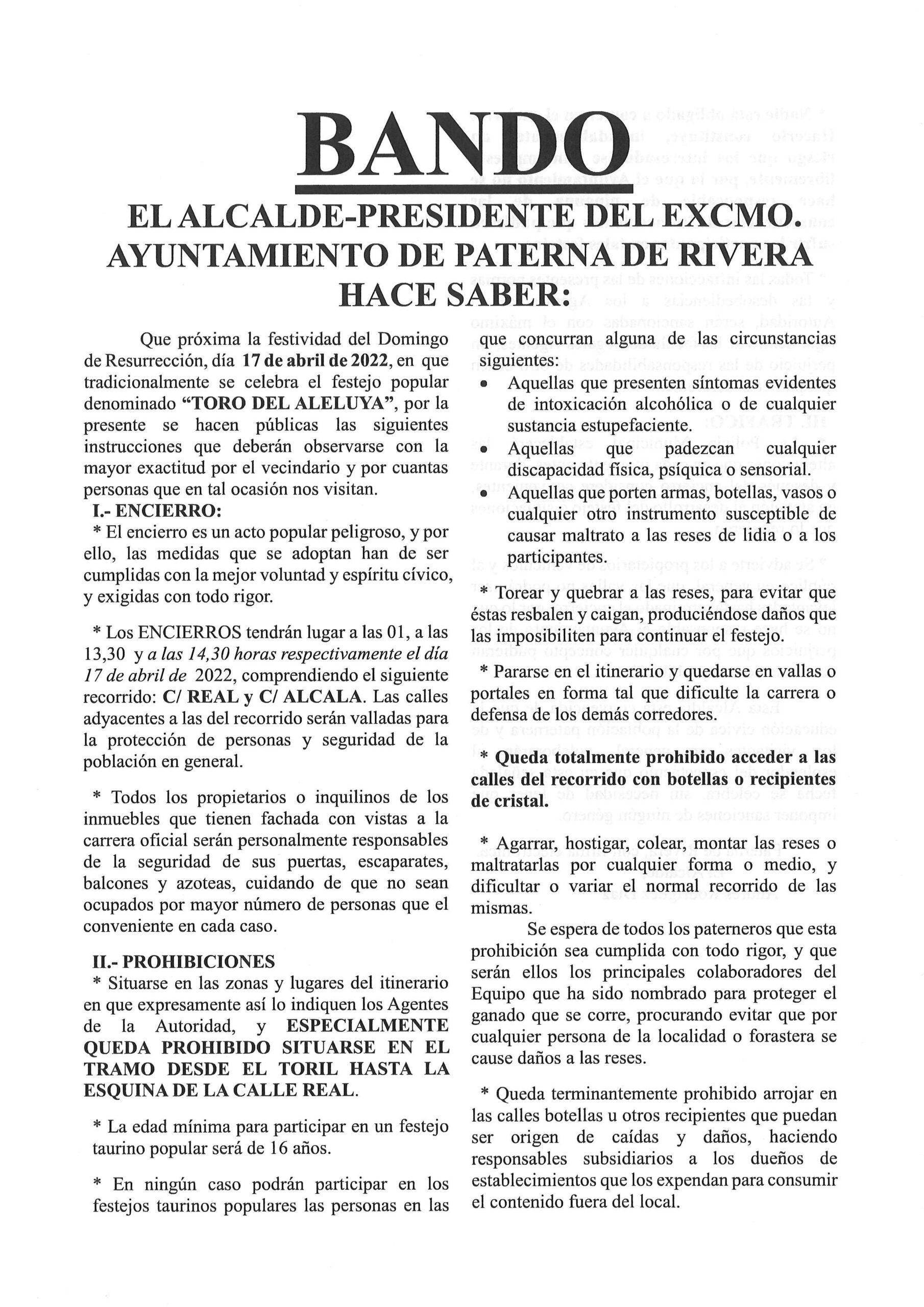 PUBLICADO EL BANDO DE LA SUELTA DEL TORO DEL ALELUYA DE PATERNA DE RIVERA
