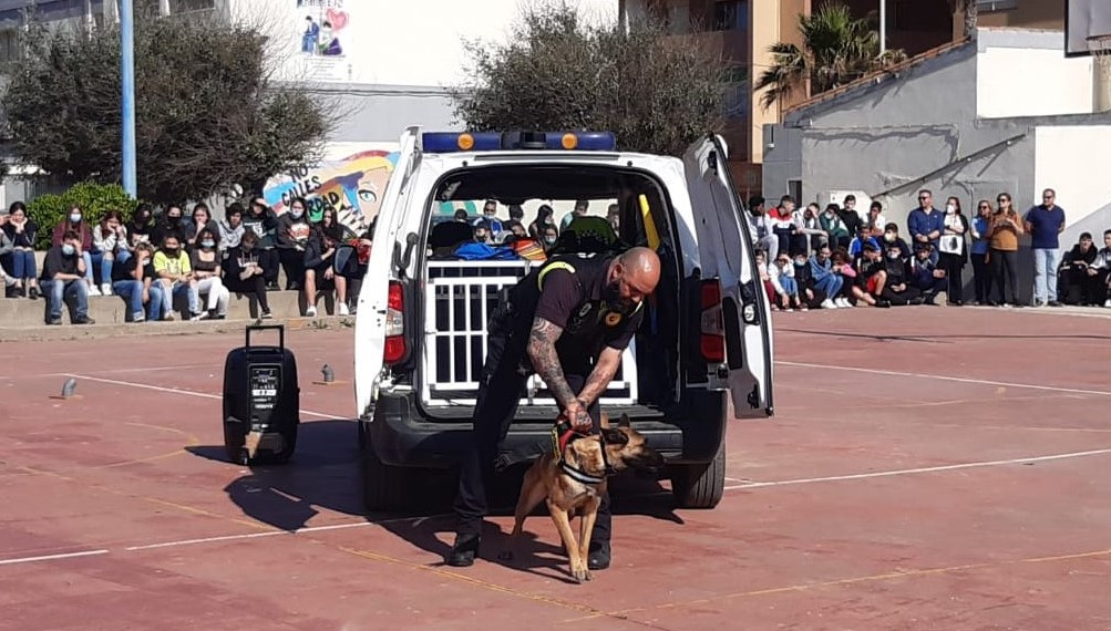 Agentes de la Unidad Canina de la Policía Local participan en una jornada de exhibición en el IES Tolosa