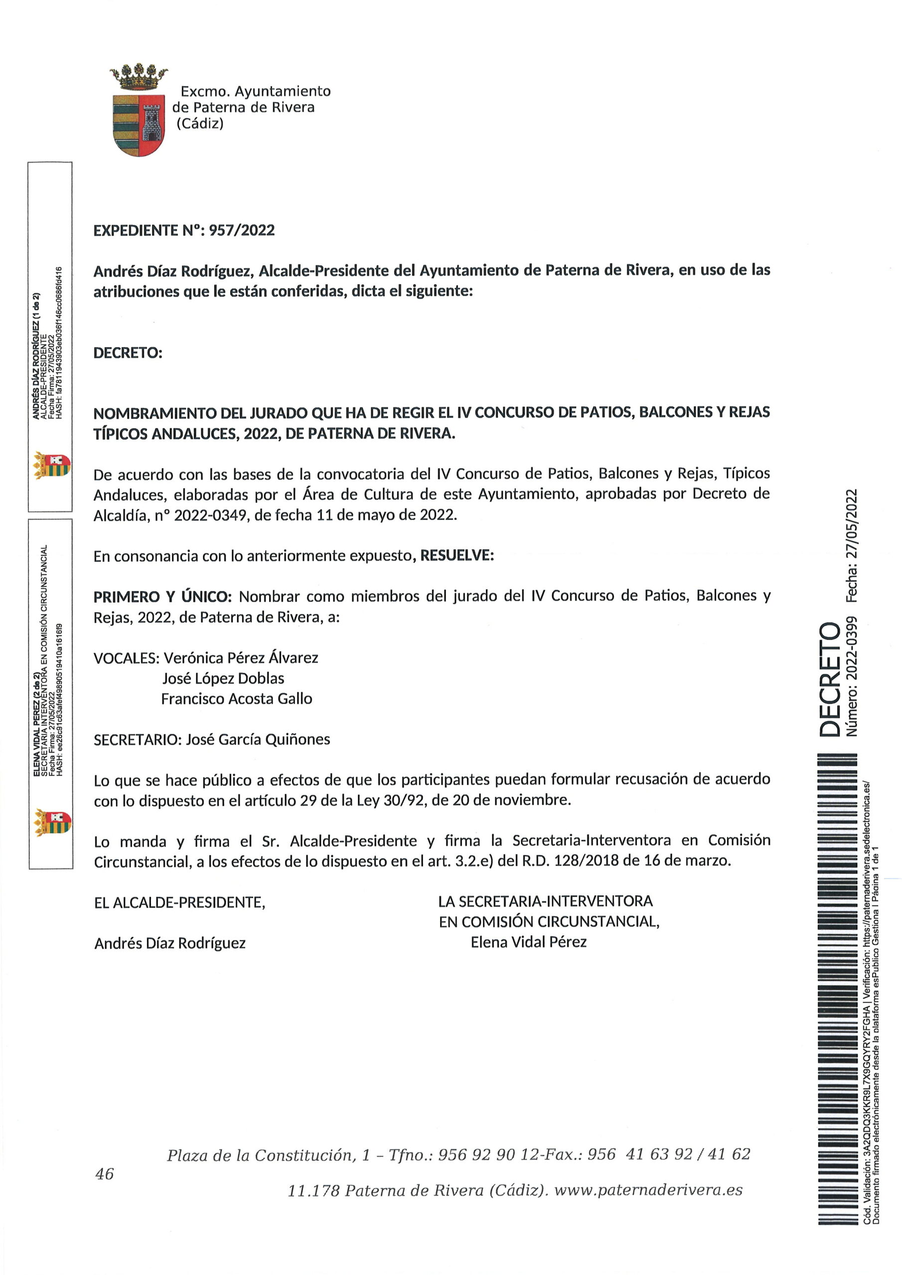 NOMBRADO EL JURADO QUE HABRÁ DE FALLAR EL CONCURSO DE PATIOS, BALCONES Y REJAS DE PATERNA DE RIVERA 2022