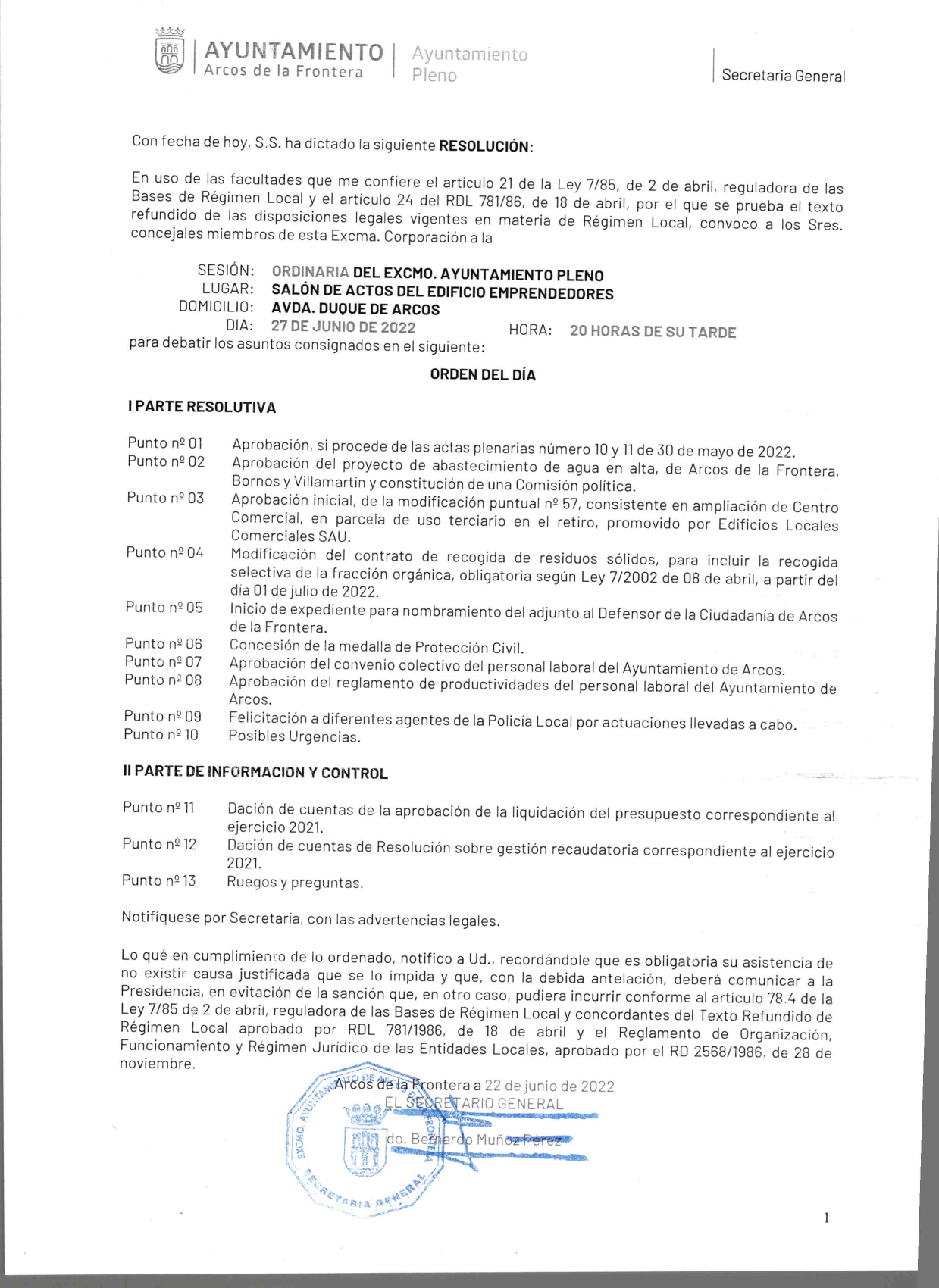 Convocatoria del Pleno Ordinario del Lunes, 27 de junio de 2022