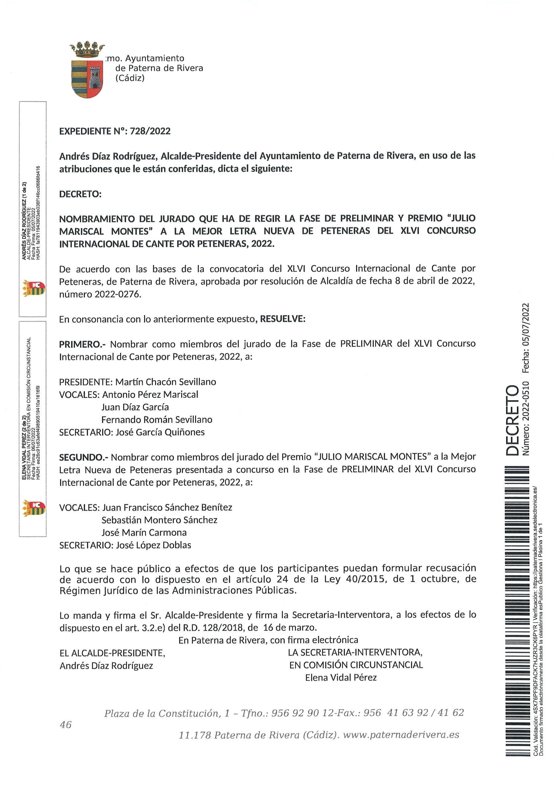 NOMBRADO EL JURADO DE LA FASE PRELIMINAR DEL XLVI CONCURSO INTERNACIONAL DE CANTE POR PETENERAS, 2022, Y DEL PREMIO JULIO MARISCAL MONTES A LA MEJOR LETRA NUEVA DE PETENERAS PRESENTADA A CONCURSO
