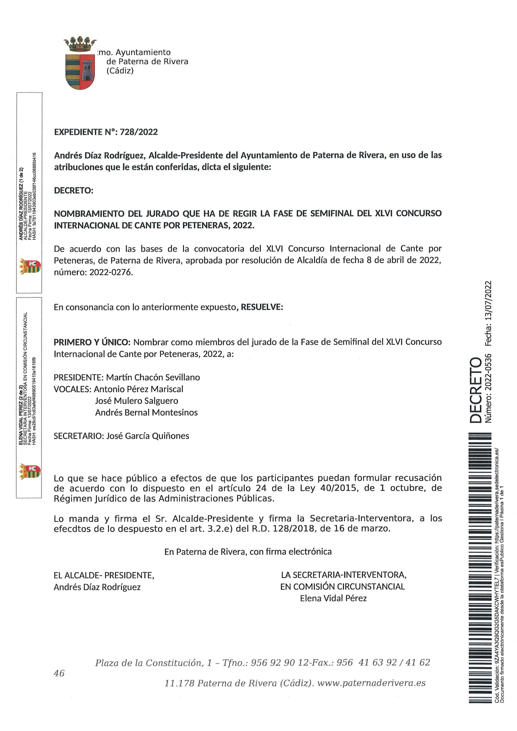 NOMBRADOS LOS JURADOS QUE HAN DE REGIR LAS FASES DE SEMIFINAL Y FINAL DEL XLVI CONCURSO INTERNACIONAL DE CANTE POR PETENERAS, 2022