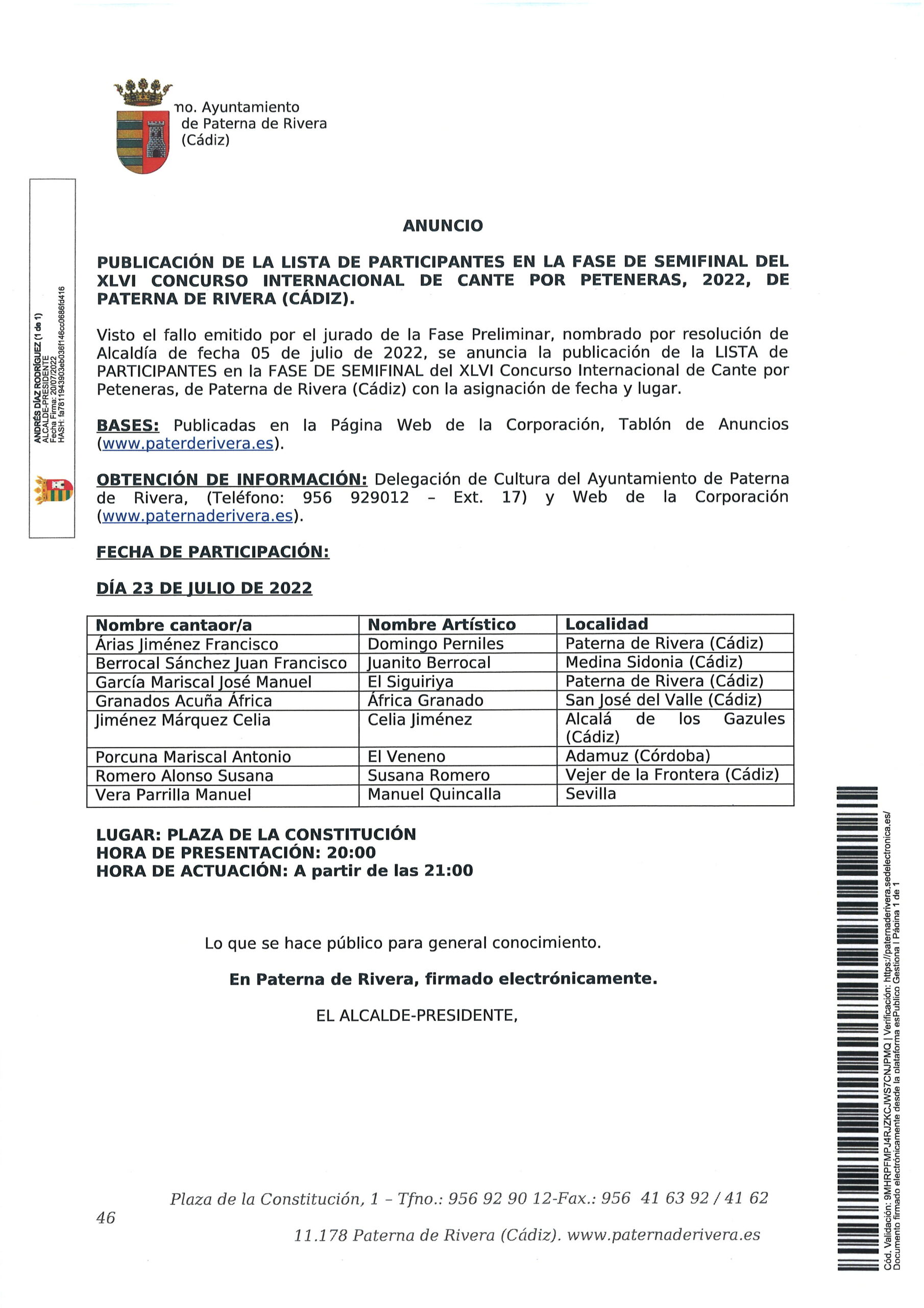 PUBLICADAS LAS LISTAS DE CLASIFICADOS EN LA SEMIFINAL Y FINAL DEL XLVI CONCURSO INTERNACIONAL DE CANTE POR PETENERAS, 2022
