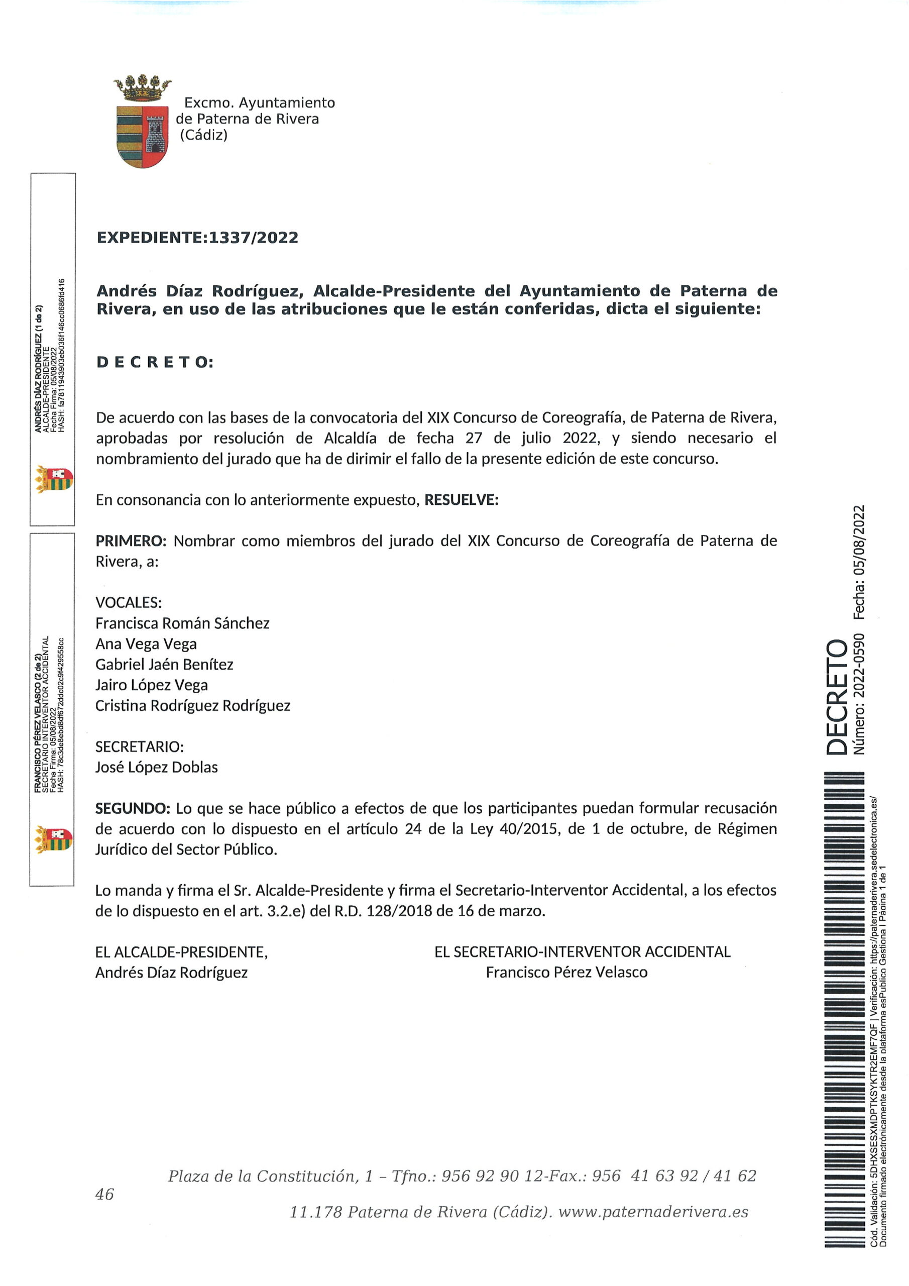 NOMBRADO EL JURADO QUE HA DE DIRIMIR EL XIX CONCURSO DE COREOGRAFÍA DE PATERNA DE RIVERA, 2022