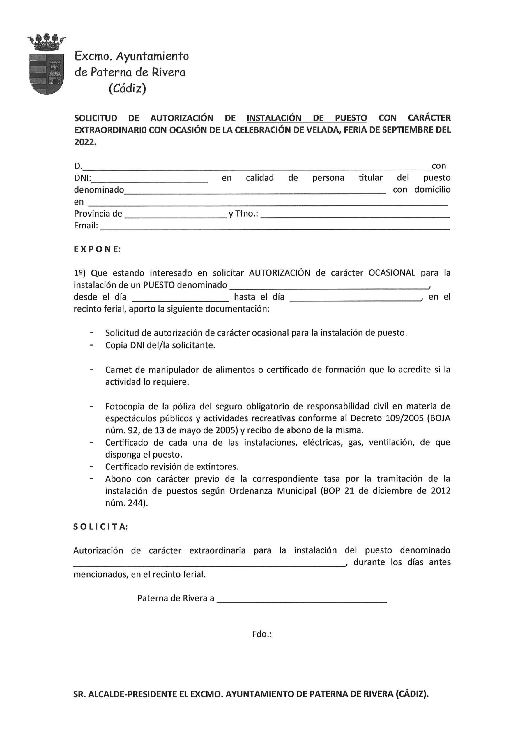 PUBLICADA SOLICITUD DE AUTORIZACIÓN PARA INSTALACIÓN DE PUESTO CON CARÁCTER EXTRAORDINARIO VELADA DE SEPTIEMBRE DE 2022,DE PATERNA DE RIVERA.