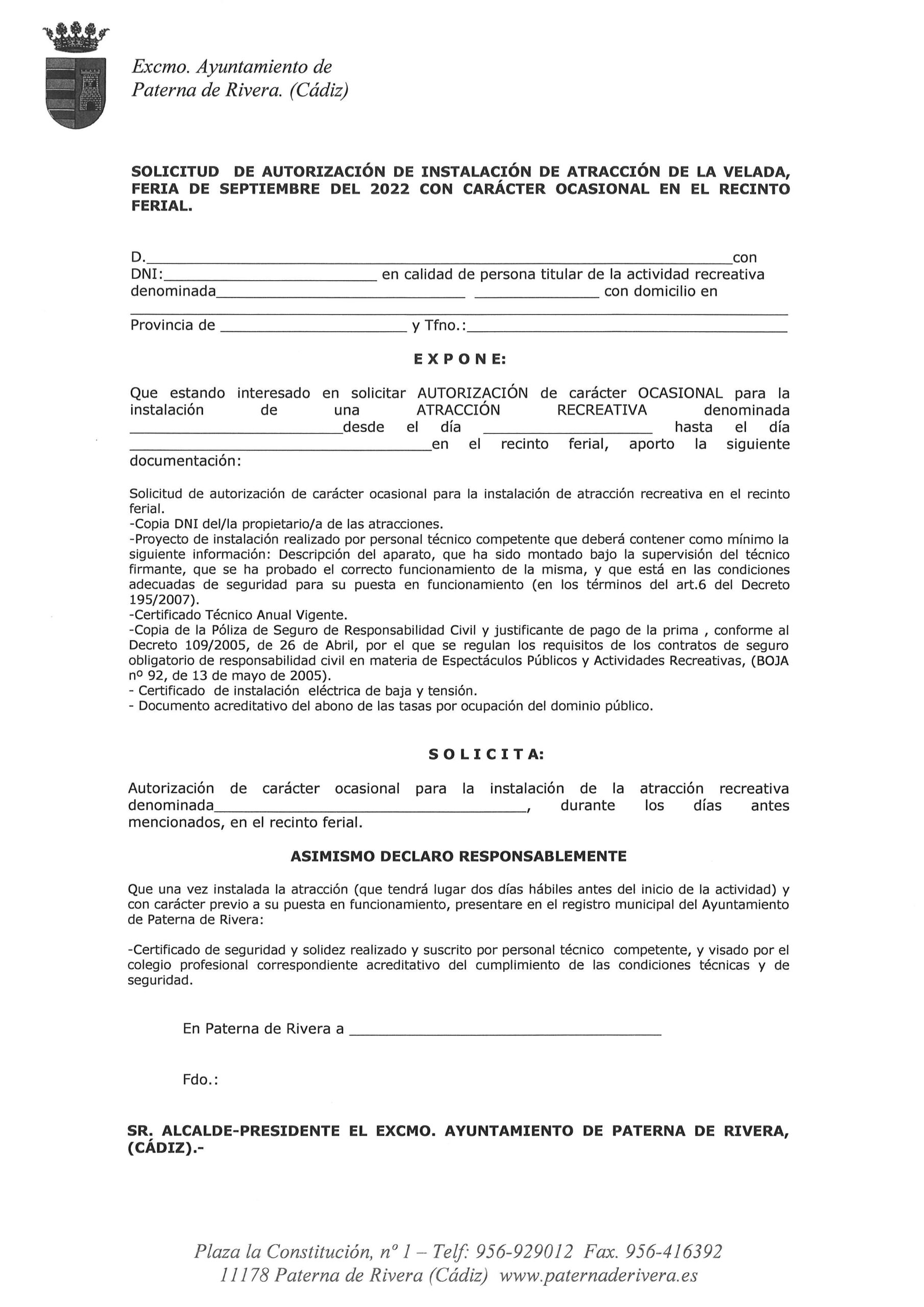 PUBLICADA SOLICITUD DE AUTORIZACIÓN PARA LA INSTALACIÓN DE ATRACCIONES EN LA VELADA DE SEPTIEMBRE 2022, DE PATERNA DE RIVERA