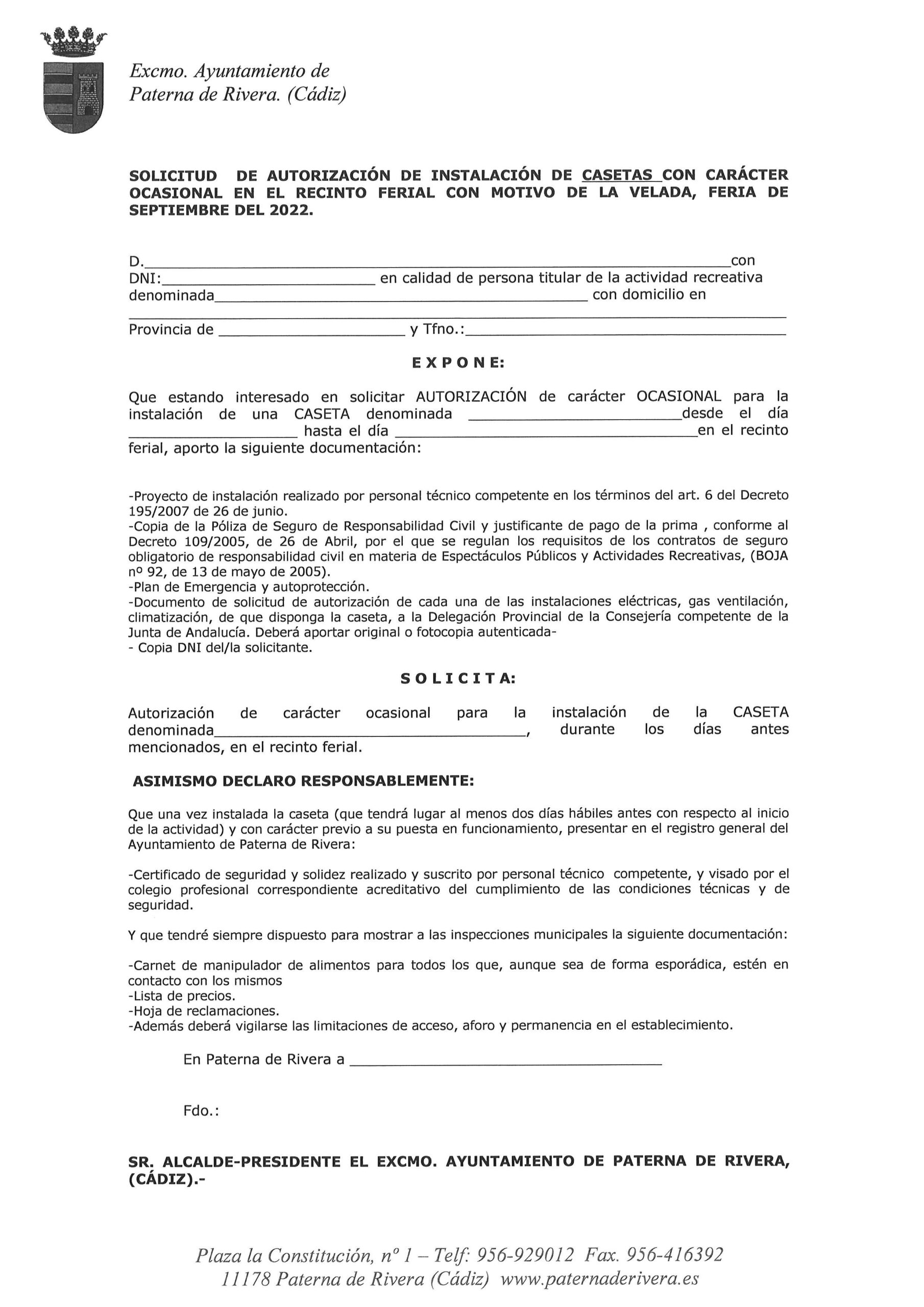 PUBLICADA SOLICITUD DE AUTORIZACIÓN PARA LA INSTALACIÓN DE CASETAS CON CARÁCTER OCASIONAL EN LA VELADA DE SEPTIEMBRE 2022, DE PATERNA DE RIVERA.