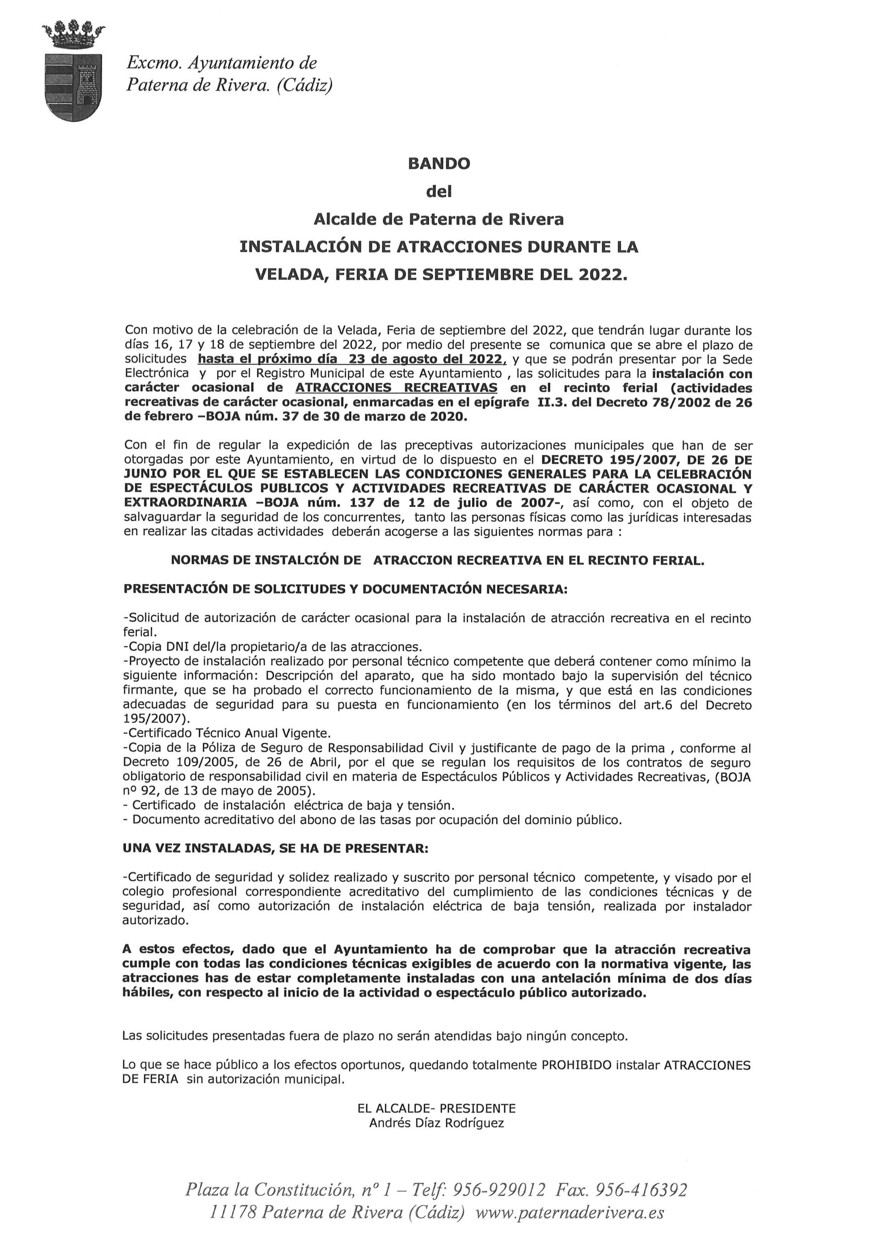 PUBLICADO BANDO PARA LA INSTALACÍN DE ATRACCIONES EN LA VELADA DE SEPTIEMBRE 2022, DE PATERNA DE RIVERA.