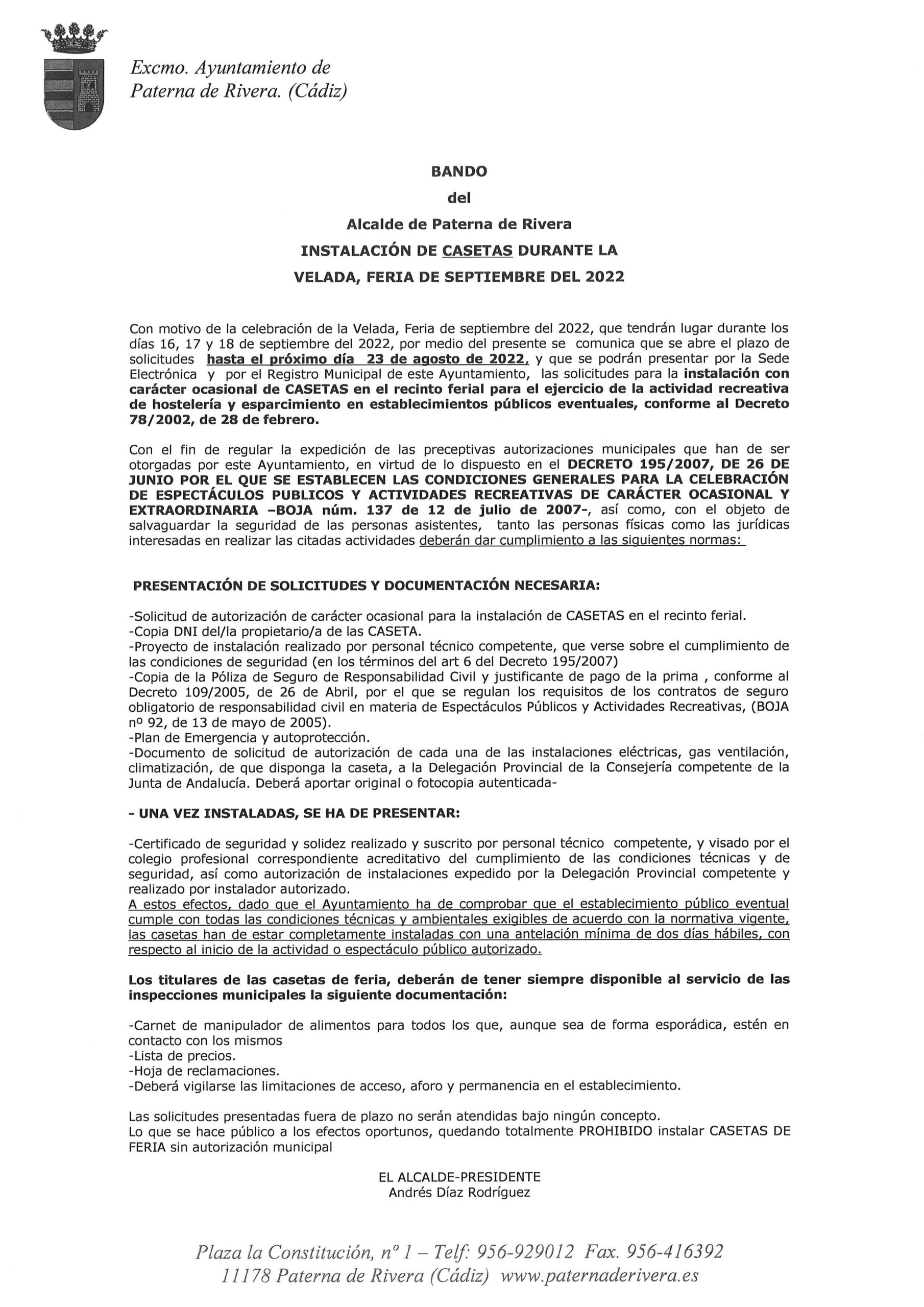 PUBLICADO BANDO PARA LA ÍNSTALACIÓN DE CASETAS EN LA VELADA DE SEPTIEMBRE 2022, DE PATERNA DE RIVERA.